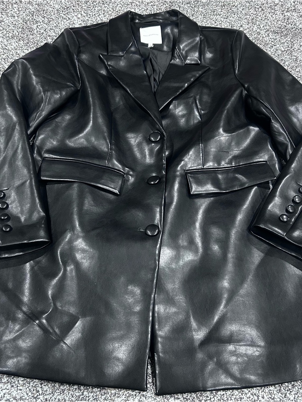 AVEC LES FILLES Black Faux Leather Jacket Size XL Long Blazer Goth Academia